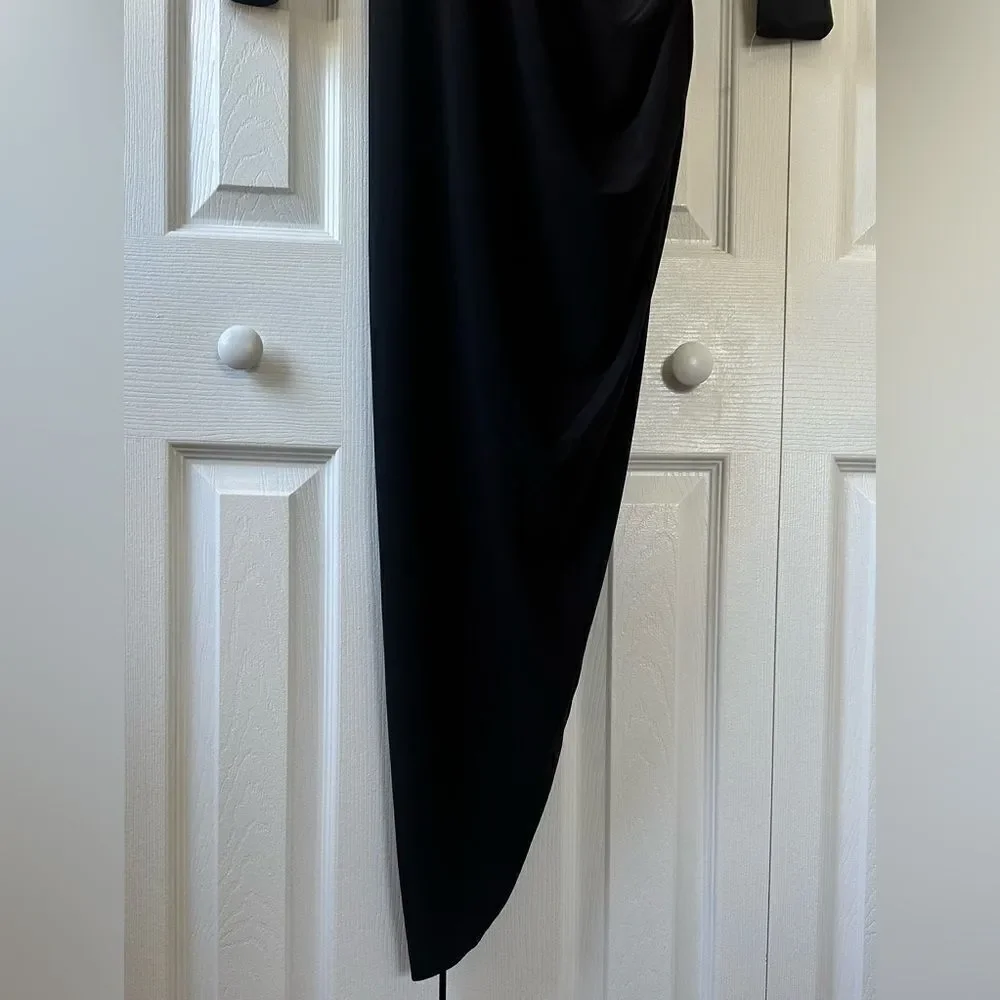 NEW Norma Kamali Tara Black Long Sleeve Dress Deep V Ruched Midi Dress - Picture 8 of 10